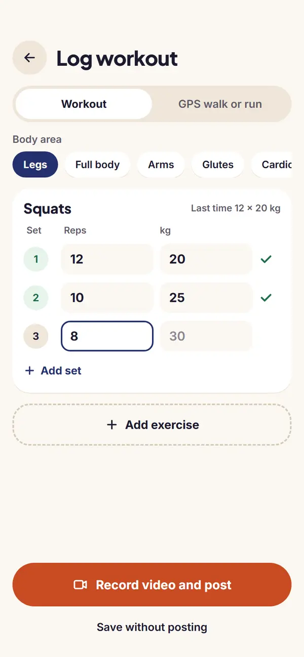 Log workout screen